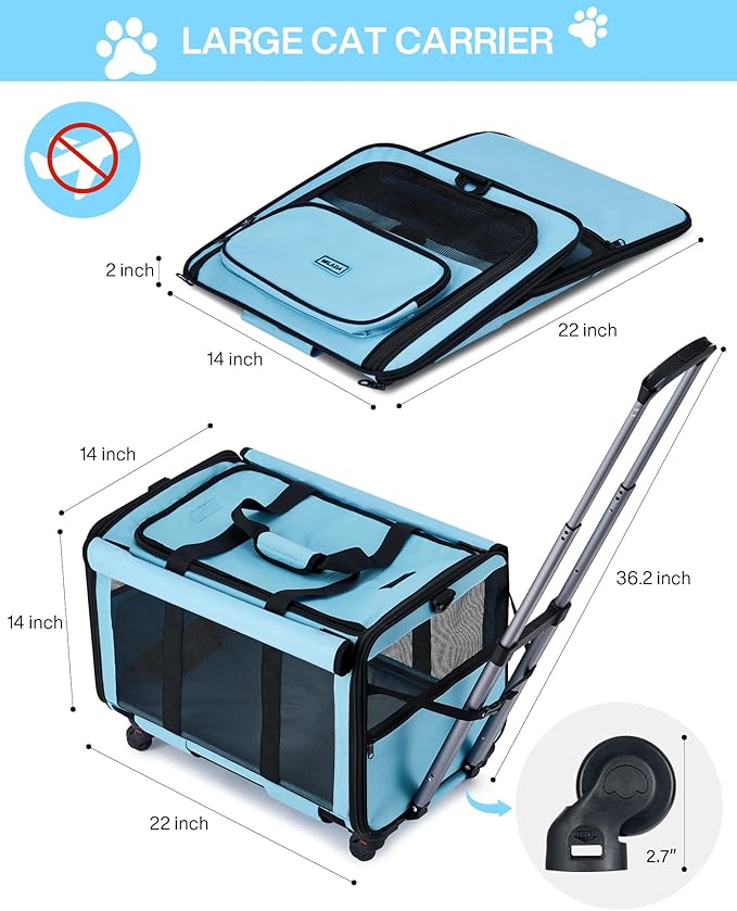 MILADA Extra Large Cat Carrier with Wheels for Big Cats & Small Dogs Soft Sided Rolling Pet Carrier Detachable XL Cat Stroller for Travel, Hiking, Vet & Hospital Use, Blue