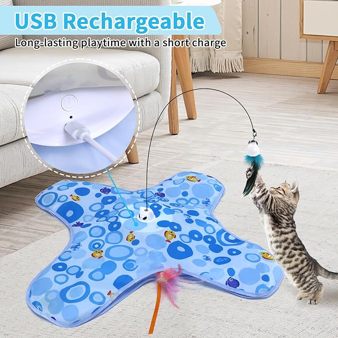 DFQ Interactive Cat Toy,3 in 1 Hide and Seek for Indoor Cats, Rechargeable Touch-Activated Moving Feather Wand with Concealed Motion, Play Toy for Kittens and Adult Cats (Blue)