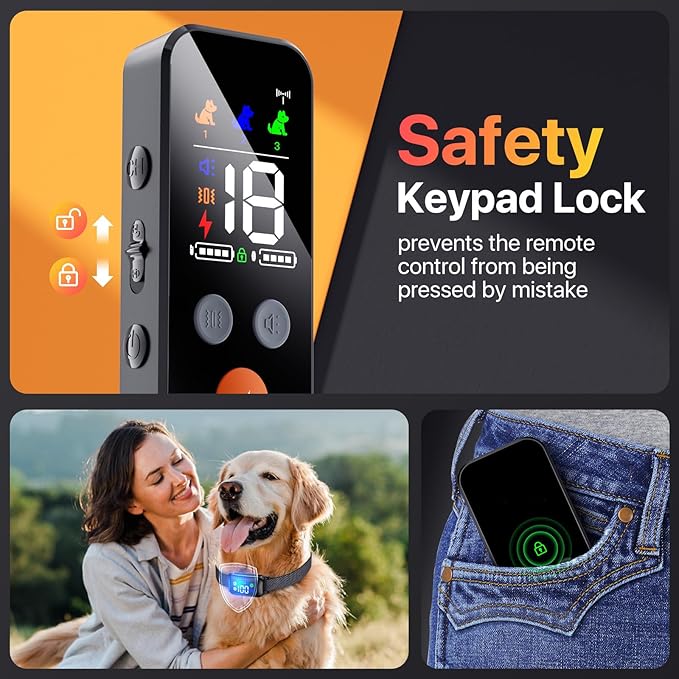 Dog Training Collar, Dog Shock Collar with Remote Control for Medium Large Dogs 40-120lbs, IP68 Waterproof Shock Collar for Dogs with Beep Vibration Static & Safety Lock