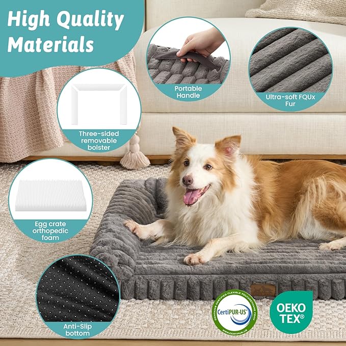 Cute Dog Bed for Large Dogs, Faux Fur Orthopedic Foam Dog Bed with Sides, Removable Washable Cover & Waterproof Lining, Comfortable Pet Couch, Grey (44" L x 32" W x 7" Th)