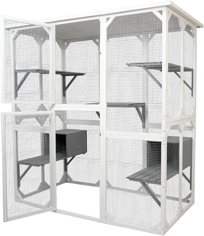 Ball & Cast 71" Wooden Catio Outdoor Cat Enclosure with Weatherproof Asphalt Roof,Jumping Platforms & Napping Houses,Walk-in Cats Kennel Shelter for Indoor,White