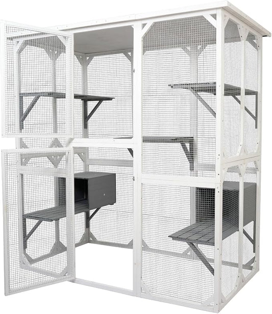 Ball & Cast 71" Wooden Catio Outdoor Cat Enclosure with Weatherproof Asphalt Roof,Jumping Platforms & Napping Houses,Walk-in Cats Kennel Shelter for Indoor,White