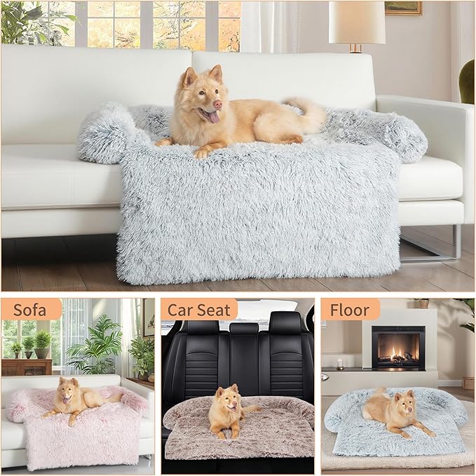 KHONSU PET Dog Bed for Couch Dog Mat for Sofa with Calming Plush& Bolster, Removable &Washable& Non-Slip Pet Bed for Furniture Protector Fits up to 20 lbs Dogs-Grey