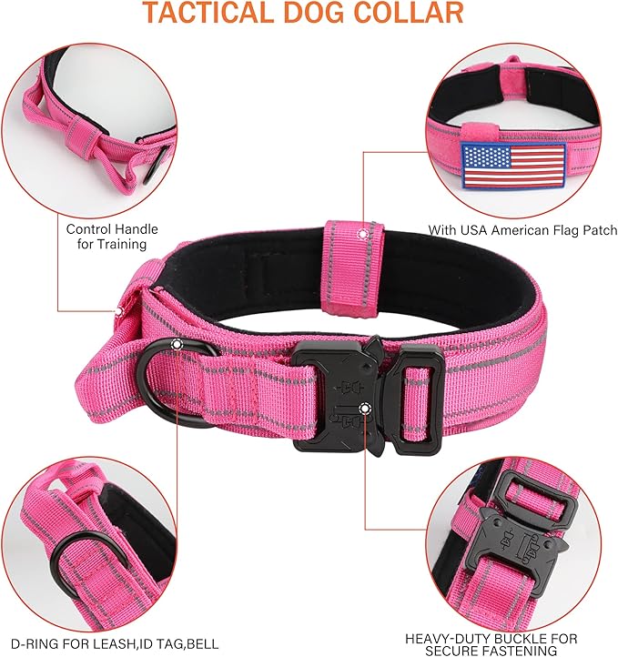 KCUCOP Tactical Dog Collar for Medium & Large Dogs - Military Nylon Heavy Duty Collar with Handle, Reflective Strip & Metal Buckle for Training, Outdoor (Pink Reflective, Large)