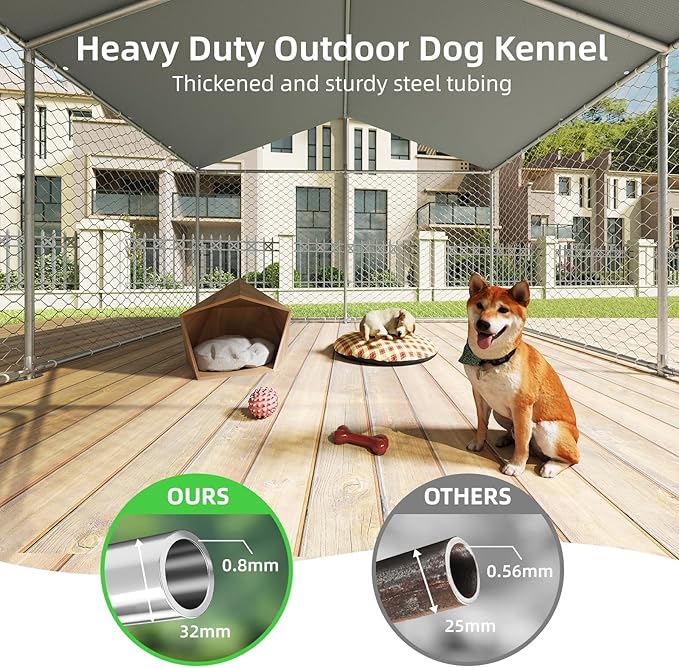 10x10 FT Outdoor Dog Kennel Outside with Metal Large Dog Gate, Outdoor Dog Pens with Roof, Heavy Duty Dog Kennel for Backyard Farm Use (124x124x87IN)