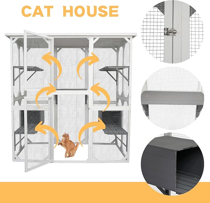 Ball & Cast 71" Wooden Catio Outdoor Cat Enclosure with Weatherproof Asphalt Roof,Jumping Platforms & Napping Houses,Walk-in Cats Kennel Shelter for Indoor,White