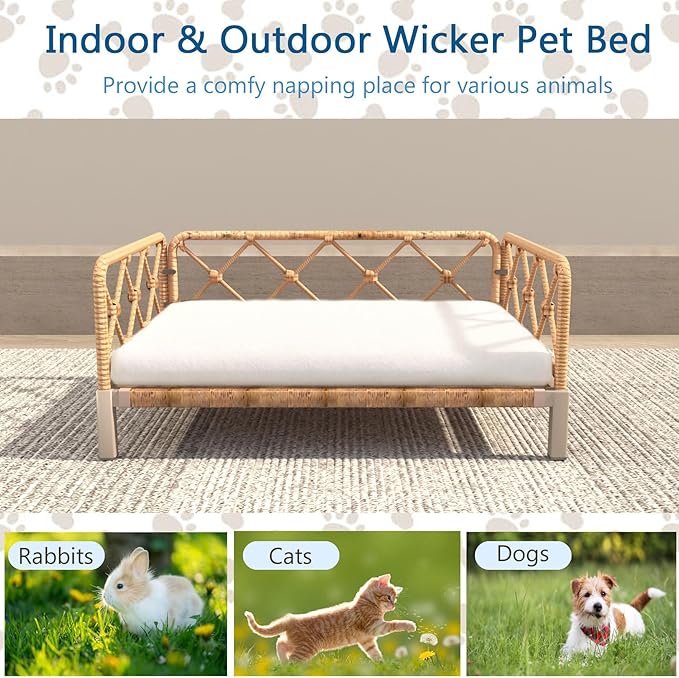 Wicker Dog Bed with 2" Cushion,Rattan Dog Sofa Bed for Small Medium Dogs– Indoor/Outdoor Metal Frame Pet Bed up 66lbs (Brown Rattan White Cushion)