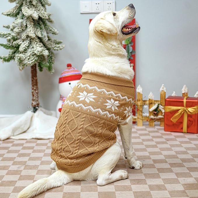Warm Winter Pink Dog Sweater - Cold Weather Pet Clothes for Small Medium Large Dogs Indoor Outdoor, Soft Classic Knit Puppy Apparel Coat, Khaki, XL