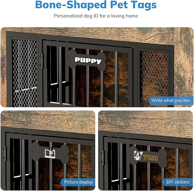 Petrova Dog Crate Furniture, 34inch Wooden Dog Kennel Indoor for Small Dogs, Heavy Duty Dog Cage with 2 Stainless Steel Food Bowls, Led Light, 4 Hooks, Hidden Decorative Pet Cage