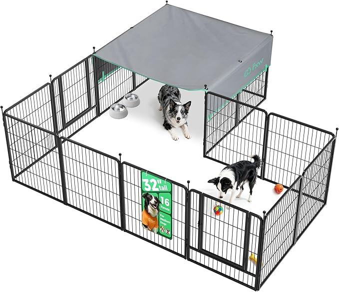 FXW Instant Unleashed Dog Playpen, Portable Pet Fence for Outdoor, RV Trips, and Camping, 32 inch, 16 Panels for Small and Medium Dogs with Sun Shade│Patented