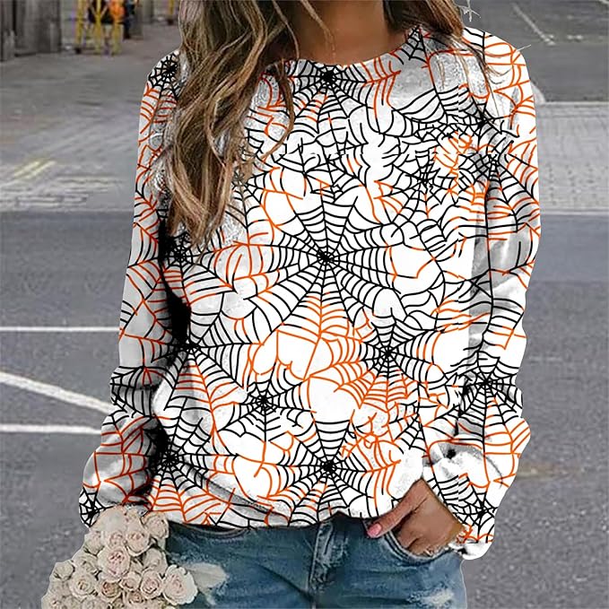 MARSVOVO Fall Sweatshirt for Women Novelty Spider Web Shirt Dressy Casual Crewneck Tunic Tops Spring Graphic Pullover
