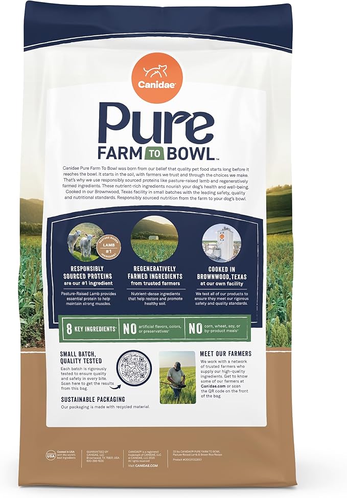 CANIDAE Pure Farm to Bowl Pasture-Raised Lamb & Brown Rice Dog Food, Adult Dog Food, 22lb