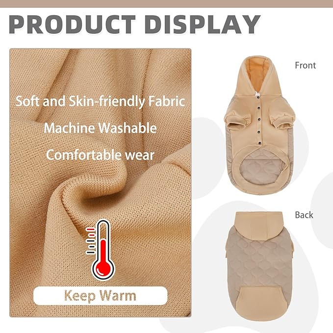 KOOLTAIL Warm Dog Winter Coat for Small Dogs, Waterproof Puppy Jacket with Leash Hole, Cold Weather Pet Vest for Winter, Soft Pet Hoodie Sweater Sweatshirt Clothes for Puppy Cats Girls Boys Beige L