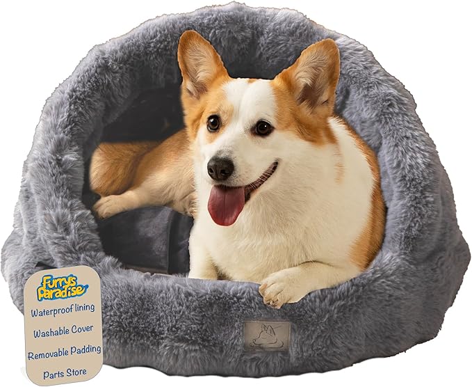 Furry's Paradise Rabbit Faux Fur Slipper Pet Bed with Recycled Fibers, Bolsters, Reversible Cushion, Waterproof Liners, and Removable Washable Cover. (Gray)