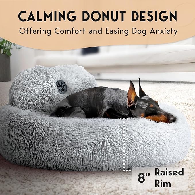 PetJett Calming Dog Beds Large Sized Dog - 36'' Round Bed, Anti-Slip & Washable Super Soft Donut Bed, Fluffy Faux Fur Anti-Anxiety Premium Comfort Pet Bed, Fits Dogs up to 100 lbs - Bright Grey