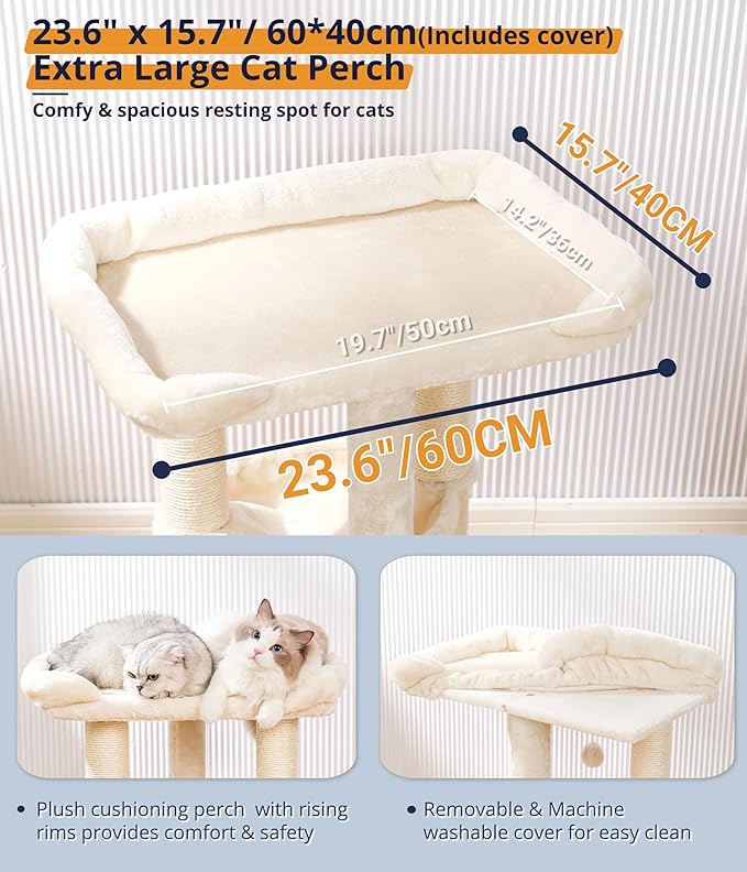 Happi N Pets 28" Large Cat Tree Tower for Indoor Cats, Cat Scratch Post with Large Bed for Maine Coon Big Cats, Sisal Cat Scratcher with Soft Perch & Hammock, Stable Cat Stand, Removable Cover-Beige