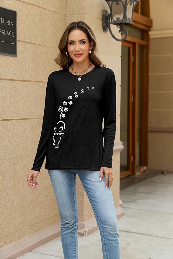 Women's Long Sleeve tees Cat Mom Graphic Tee Shirts Womens Graphic t Shirts Pullover Tops
