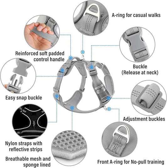 Plutus Pet No Pull Dog Harness, Release at Neck, Reflective Adjustable Dog Vest Harness, Easy Control Handle for Walking, for Small Medium Large Dogs, Gray, XL
