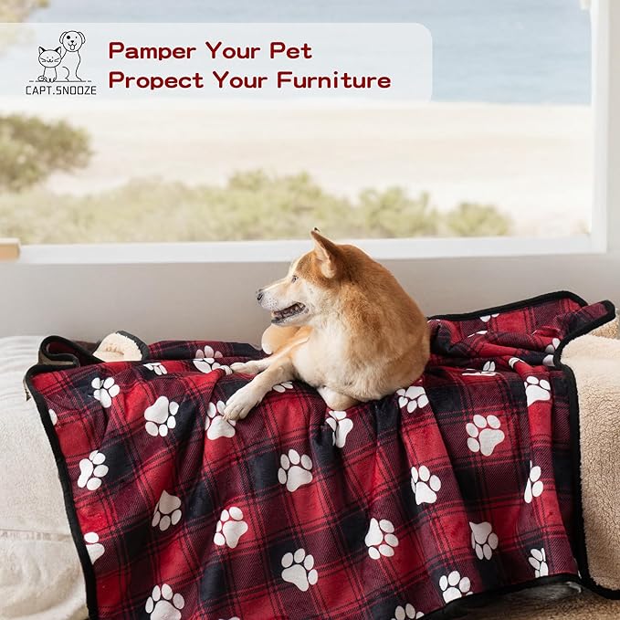 Waterproof Dog Blankets Pet Blanket 60"x80", Soft Fluffy Sofa Car Bed Protector, Reversible Sherpa Fleece Dog Blanket for Large Dogs Christmas Decor(Paw Red)