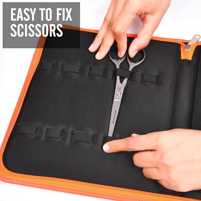 Leather Shears Case, Scissor Case, Shear Holder Holds 10 Grooming or Beauty Shears (Orange)
