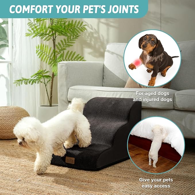 Dog Stairs for Small Dogs 15.7" H, Curved Dog Step for Puppy, Older Cat, Medium Pet Ramp for Sofa, Couch or Chair, Ladder with High Density Foam, 3 Step, 15.7x22.4x15.7 inch, Black