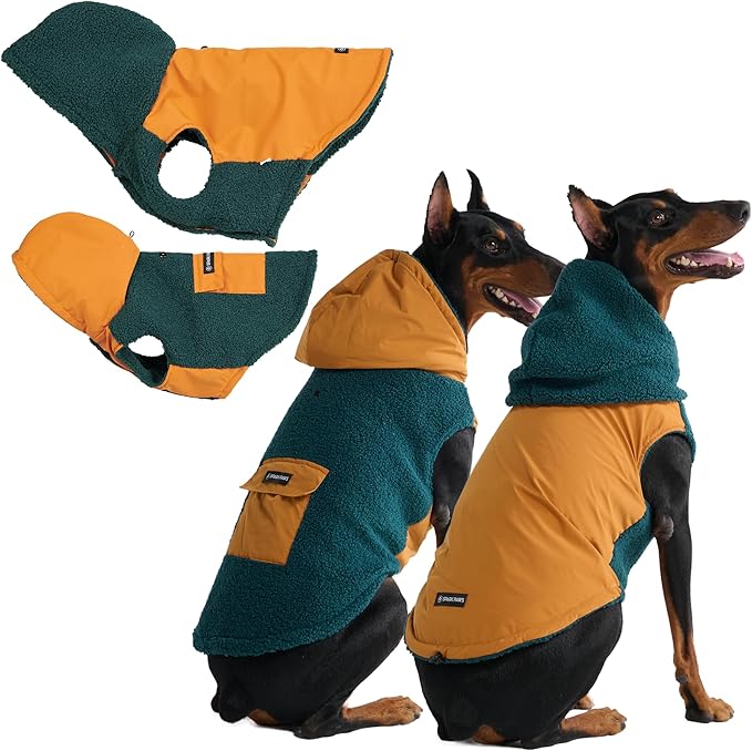 Spark Paws Reversible Fleece Dog Jacket, Hooded Sweater Vest, Warm Coat for Winter - Suitable for Small Medium Large XL XXL Dogs - Orange and Green - 4XL