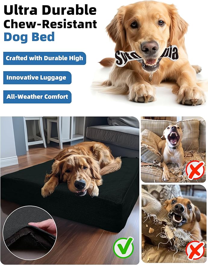 Sytopia 42" XL Indestructible Waterproof Chew-Resistant Dog Bed, 90 lbs Capacity for Extra Large Dogs, Indoor & Outdoor Use, Black