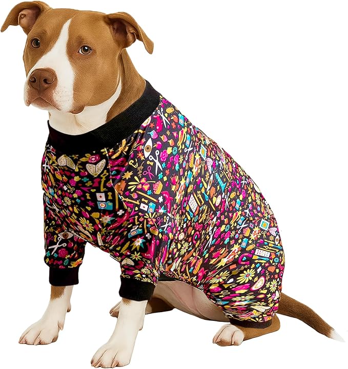 LovinPet Pet Pajamas for Pit Bulls, Full Coverage Dog Pjs with Black Trim, Decoupage Ink Print, Post Surgery Shirt, UV Protection, Pet Anxiety Relief Shirt, Large Dog Jammies, Pitbull Clothes, XL