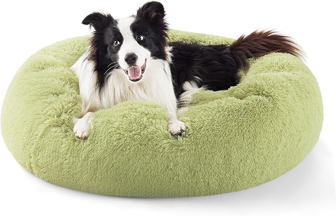Bedsure Calming Dog Bed for Large Dogs - Donut Washable Large Pet Bed, Anti-Slip Round Fluffy Plush Faux Fur Dog Bed, Fits up to 80 lbs Pets, Green, 36 inches