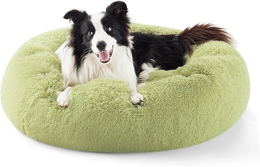 Bedsure Calming Dog Bed for Large Dogs - Donut Washable Large Pet Bed, Anti-Slip Round Fluffy Plush Faux Fur Dog Bed, Fits up to 80 lbs Pets, Green, 36 inches