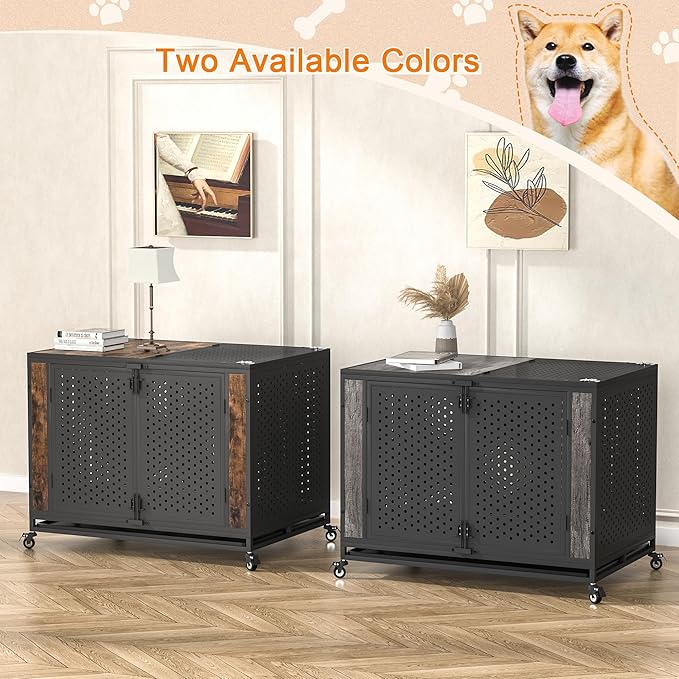 42" Heavy Duty Dog Crate Furniture for Medium and Large Dogs, Enclosed Design with 0.5 inch Holes, Indestructible Metal Kennel for High Anxiety Dogs, Chew Proof Indoor Pet House Cage, Gray