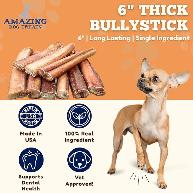 Amazing Dog Treats Bully Sticks 6 Inch [Extra Thick - 20 Pcs/Pck] -NO Hide Bones for Dogs - Safe Chews for Dogs - Long Lasting Bully Sticks