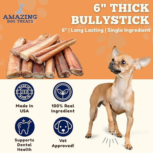 Amazing Dog Treats Bully Sticks 6 Inch [Extra Thick - 25 Pcs/Pck] -NO Hide Bones for Dogs - Safe Chews for Dogs - Long Lasting Bully Sticks
