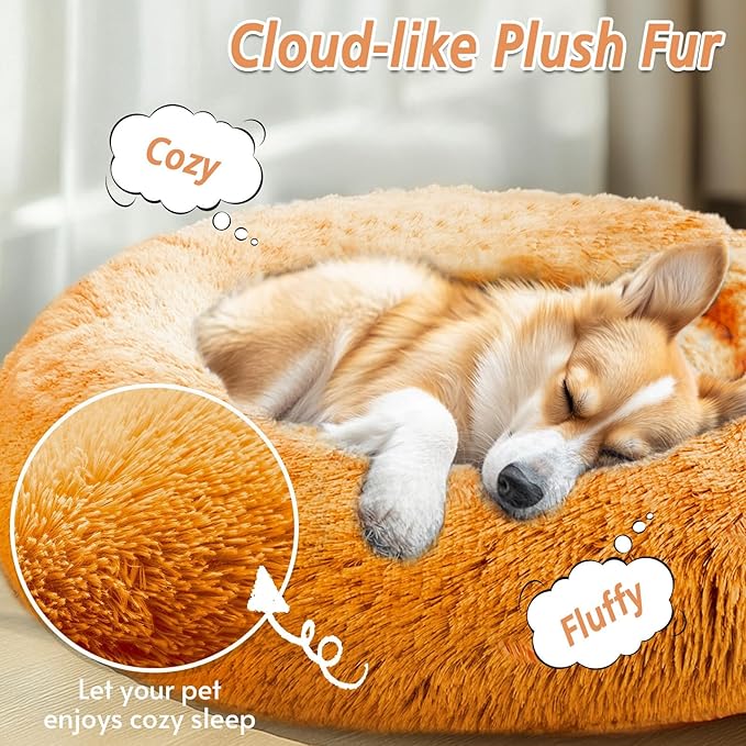 JOLLYVOGUE Small Dog & Cat Beds for Indoor Cats, Donut Cuddler Warming Soft Dog Beds with Anti-Slip Bottom, Round Calming Fluffy Plush Faux Fur Cushion Bed for Small Dogs (23", Orange)