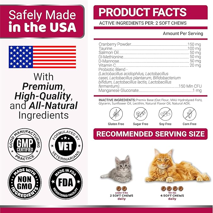 Cat UTI Treatment - Cranberry Supplement for Cats - Bladder Control - Urinary Tract Health Infection Treatment - UTI Medicine - Vitamins and Food Supplements - Immune & Multivitamin Support Chews