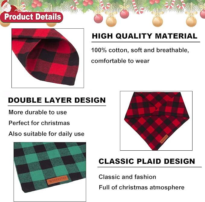 ADOGGYGO Christmas Dog Bandanas 2 Pack, Premium Cotton Fabric, Multiple Sizes Offered, Red Green Plaid Bandanas for Medium Large Dogs (Large, Xmas)