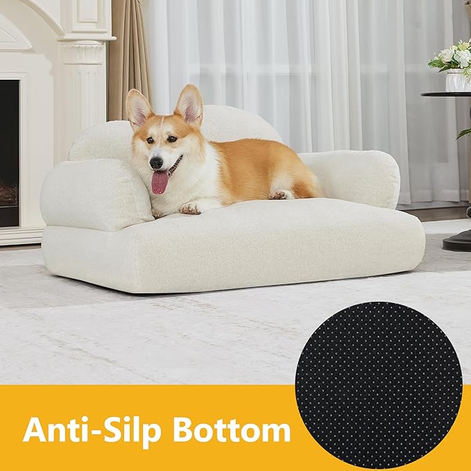 Lovupet Dog Sofa Couch for Medium Breed, Soft Full Foam Dog Couch Bed with Anti-Slip Bottom, PS695 (White)