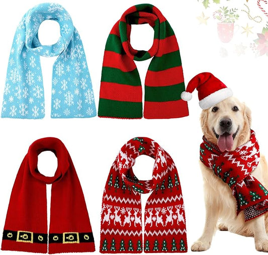 4 Pcs Christmas Knitted Dog Scarf for Medium Large Dogs, Christmas Dog Bandanas Warm Winter Holiday Decoration Scarf Pet Costume Accessories