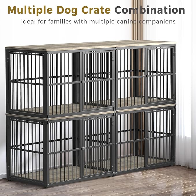 Lyromix 43'' Stackable Dog Crate Furniture Large Breed with Double Rooms,Wooden Dog Crate Heavy Duty Dog Kennel Indoor with Removable Divider for Small to Medium Dogs, Can Use Separately