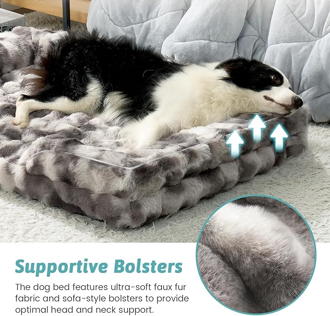 Orthopedic Dog Bed for Extra Large Dog, Faux Fur Giant Pet Sofa, Big Foam Bolster Couch with Waterproof Lining Cover, Soft, Warm, Washable, C-Shaped, XXL 48x35x8 inch, Tie-dye Grey