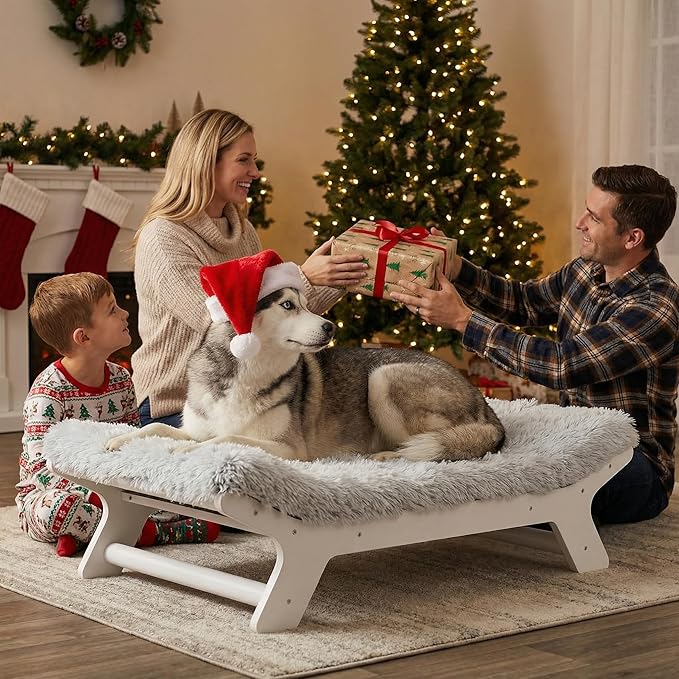 Muihood Elevated Dog Bed Wooden Frame and Mattress with Washable Cover, White XL Up to 90 lbs