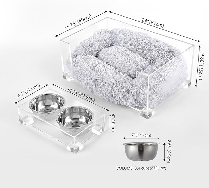 DBD2001A-2SET Billie 24" x 15.75" Small Modern Calming Fluffy Pet Bed with Washable Cushion and 4" Elevated Pet Feeder with 27 oz 2-Stainless Steel Bowls, Light Gray/Clear (Set of 2)