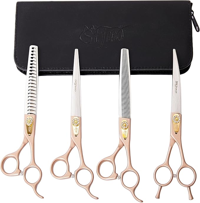 Professional Dog Grooming Scissors Rose Gold 440C Stainless Steel Straight Thinning Curved Chunker Shears for Pet Grooming Services Dogs and Cats (Combo, 7.5‘’)