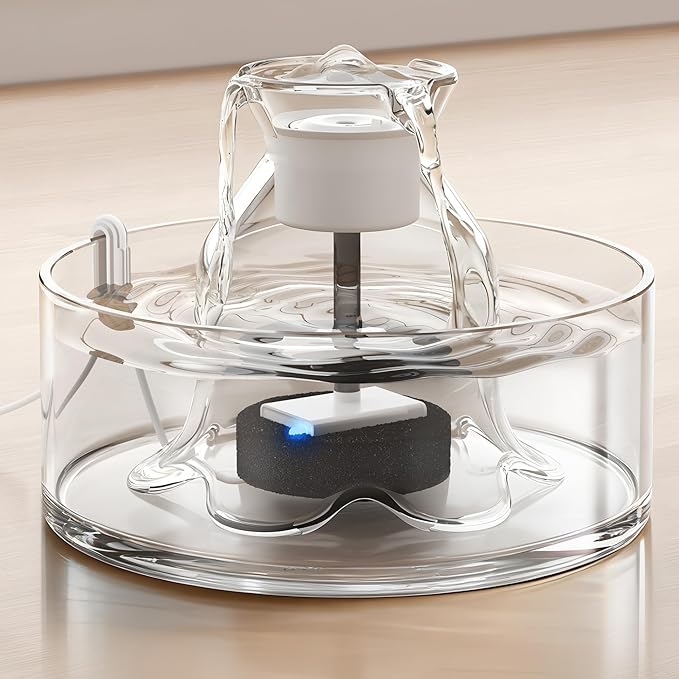 Glass Cat Water Fountain, 2.7L/91 oz Ultra-Quiet Pet Fountain, Automatic Water Dispenser for Cats & Small Dogs, Spill-Resistant Pet Water Bowl, BPA-Free, Includes 2 Filters, Effortless to Clean