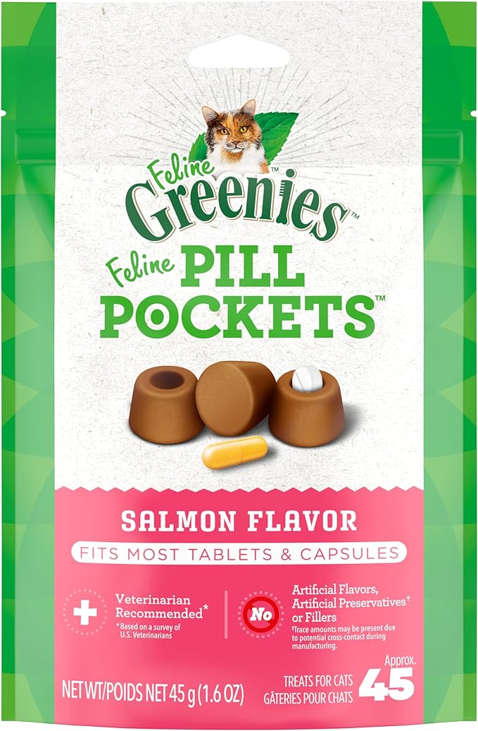 Greenies Feline Pill Pockets for Cats Natural Soft Cat Treats, Salmon Flavor, 1.6 oz. Pouch (45 Treats)