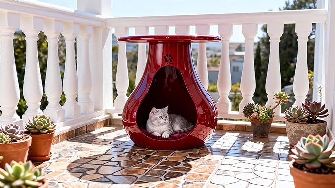 2-in-1 Gourd Table & Pet Bed - Pet-Friendly Rounded Edges，Modern Living Room Furniture with Eco-Resin Top（A-Red）