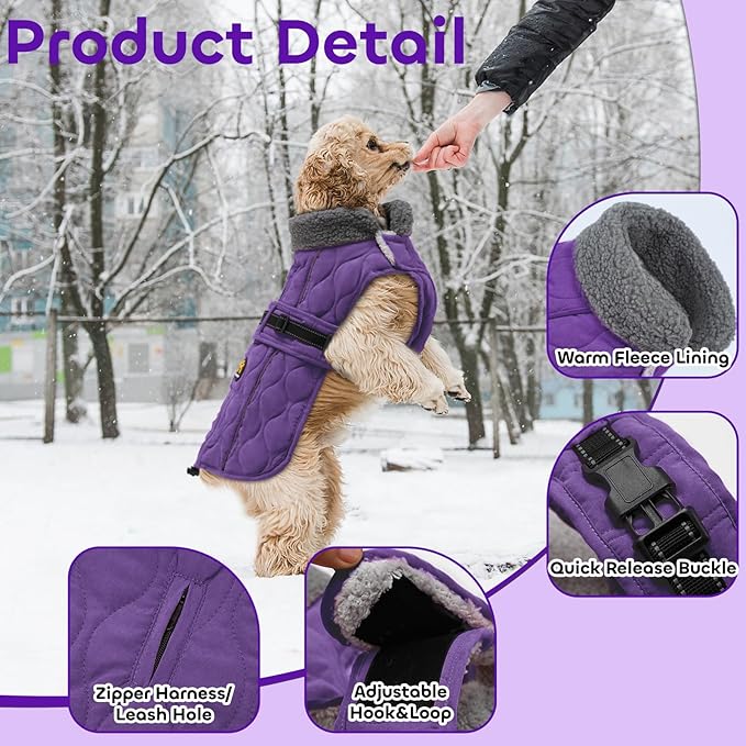 Dog Coats, Warm Puppy Apparel with Fleece Lining for Cold Weather, Windproof Medium Dog Winter Jacket, Reflective Dogs Snow Coat with Leash Hole and Adjustable Buckle, NewPurple M