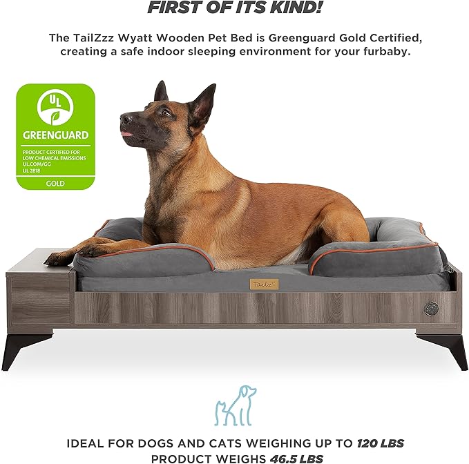 Milo TailZzz Wooden Dog Bed & Couch with Water-Resistant Mattress, Large to Extra Large Elevated Pet Bed with Calming Mattress, Greenguard Gold Certified