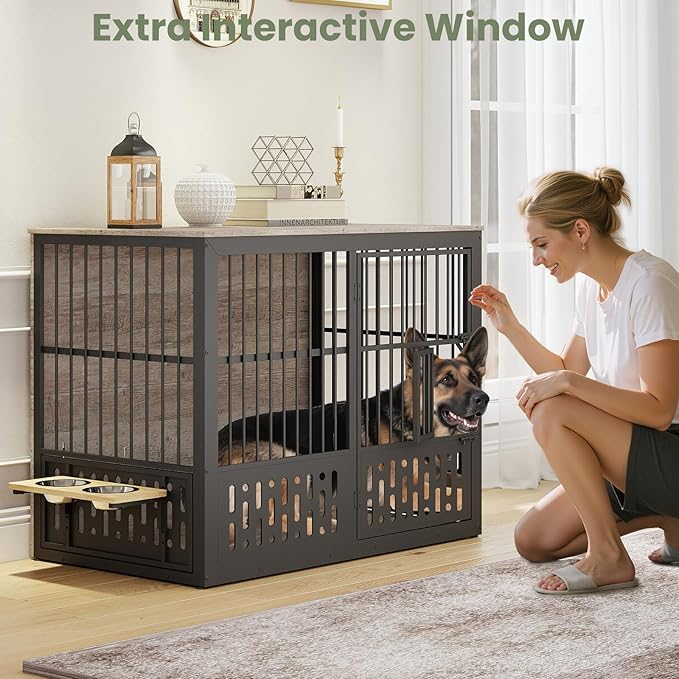 48 Inch XXL Dog Crate Furniture, Wooden Chewproof Dog Kennel with Interactive Window, 360° Adjustable Bowls (5 Heights), Storage Table Top, Heavy Duty XL Dog Crate for Medium Large Dogs, Gray