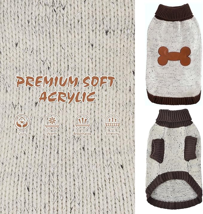BINGPET Turtle Neck Dog Sweater - Brown Bone Pattern - Puppy Winter Warm Cloth for Small Medium Large Dogs